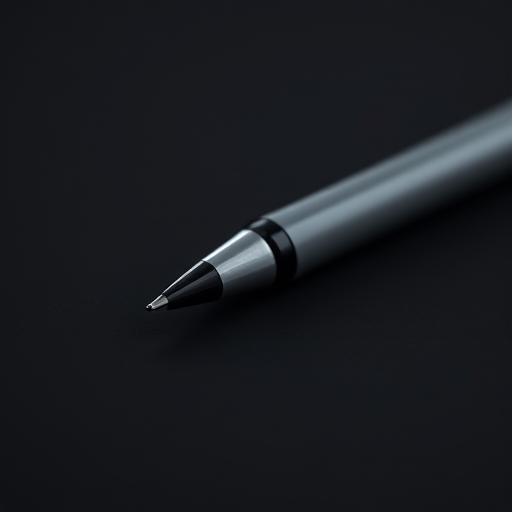 Generate a high-resolution image of a simple black and grey pen on a plain black background, using a macro lens at f/2.8, ISO 100, shutter speed 1/125s, in a soft natural light setting.