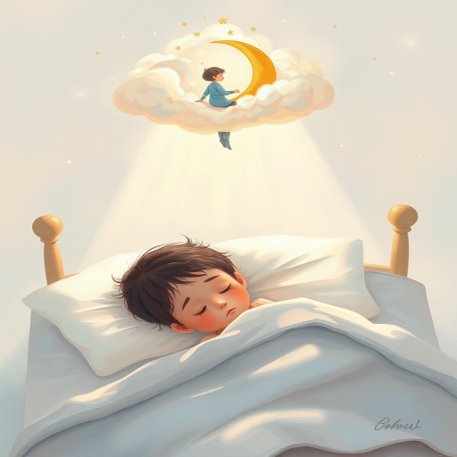 Create a whimsical illustration of a child sleeping in bed with a dreamy cloud above featuring a figure hanging from a moon, use a soft color palette, apply a digital painting style, shot from a slight bird's eye view, with high-resolution settings, focus on a light and dreamy atmosphere.