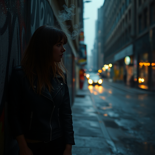 Dimly lit alleyway in a bustling city, a woman in a leather jacket leans against a graffiti-covered wall, cigarette smoke swirling in the air as distant city lights reflect in puddles.