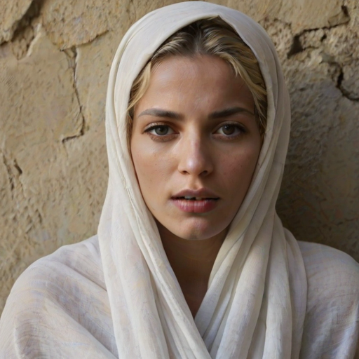 Create a close-up photographic image of a Mizrahi woman with light skin tones shown against an old, worn wall. Their head is wrapped in a white cloth covering (i.e.... parts of the head except the nose and mouth, which are open as if they are screaming...), with a slight texture and visible folds in the fabric. Thin strands of blonde hair escape from the wrapping above, falling lightly at the top and sides. Their hands hold the fabric as if they are tugging nervously. The lighting is dramatic and even, casting strong shadows. The image has a minimalist and surreal style with an emphasis on simplicity with soft color tones. The composition is centered.