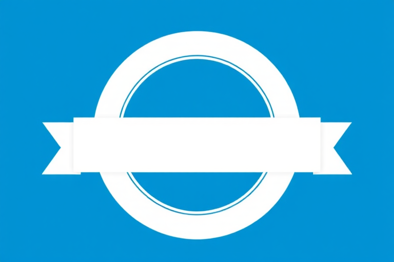 Create an all-blue circular badge design with a blank ribbon banner across the center, using a Canon EOS R camera at f/8, ISO 100, 1/125s shutter speed, top-down view, in high-definition digital illustration style.