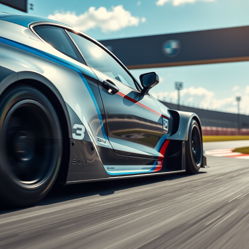 Regenerate the image of a BMW racing car on a track with a high dynamic range, using a Canon EOS R5, 24-70mm f/2.8 lens, f/4 aperture, ISO 100, 1/500s shutter speed, shot from a low angle perspective to highlight motion blur and tire details, in bright daylight conditions for vibrant colors.