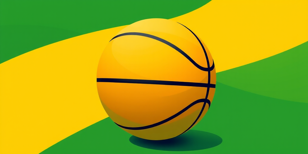 Create a vibrant digital illustration of a stylized basketball, featuring bold green and yellow colors with smooth curves and a clean outline, captured with a Canon EOS 5D Mark IV, 50mm lens, f/2.8 aperture, and a soft focus background for enhanced depth.