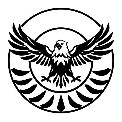 Create a high-resolution monochrome logo featuring a stylized eagle with outstretched wings, set against a clean white background, captured with a DSLR camera at f/4 aperture, 50mm lens, ISO 100, with natural light and slight vignette effect to enhance depth and clarity.
