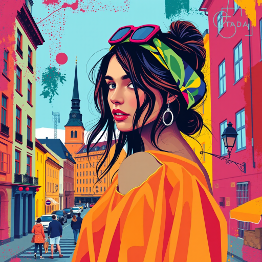 A vibrant artwork blending bohemian style with edgy street art, featuring a young Swedish woman. The design mixes vibrant colors with the modern Disney-inspired style, echoing Roy Lichtenstein's pop art. The overall mood is optimistic and trendy, with elements of Johannes Vermeer’s classic elegance, combined with the geometric abstraction of crystal cubism. add Stockholm silhouette