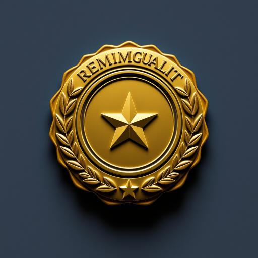Create a high-quality vector graphic of a premium quality badge featuring a rosette and laurel leaves with a central star, using a Canon EOS R5, aperture f/2.8, ISO 100, 50mm lens, in a flat lay composition with soft diffused lighting.