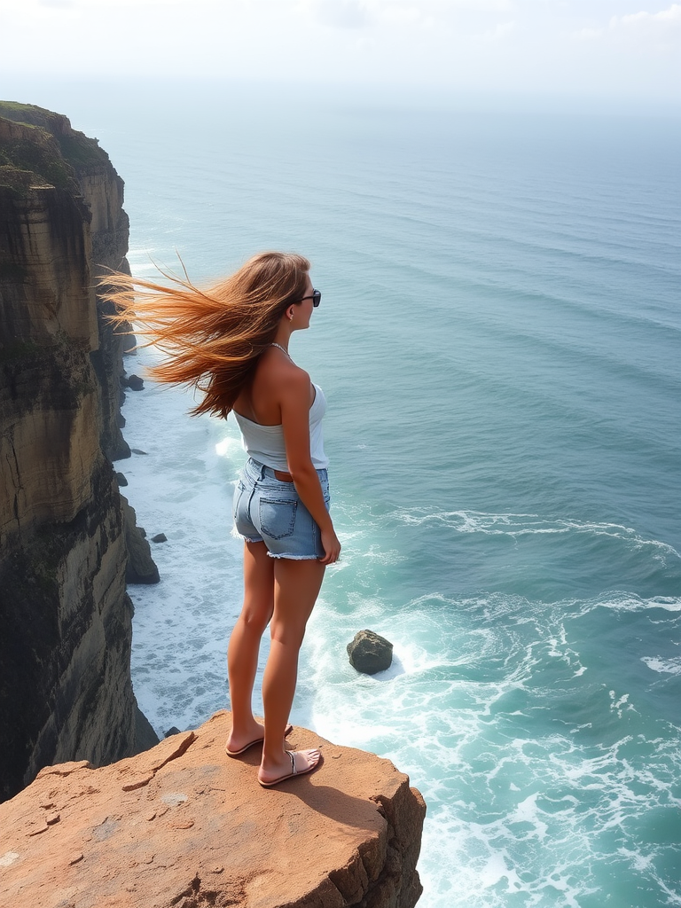 Woman standing on a cliff's edge, her hair blowing in the wind, as she gazes out over a vast ocean, waves crashing below.