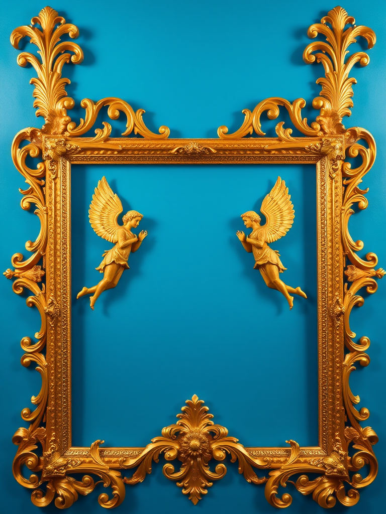 regenerate an ornate golden frame featuring two angelic figures on a bright blue background, use a DSLR camera with a 50mm lens, aperture set to f/2.8, ISO 100, and a shallow depth of field for a soft focus effect, high resolution, and vibrant colors to enhance image quality.