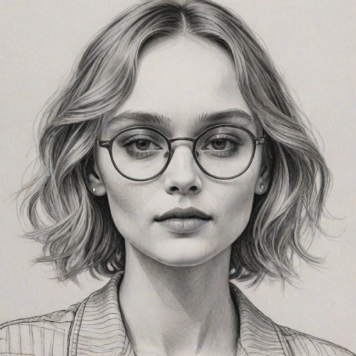 Delightful Lily-Rose Depp, pencil sketch, portrait of Pleasing woman 1932s in glasses, hair style beatnik, outline, clear lines, fine lines, 8k