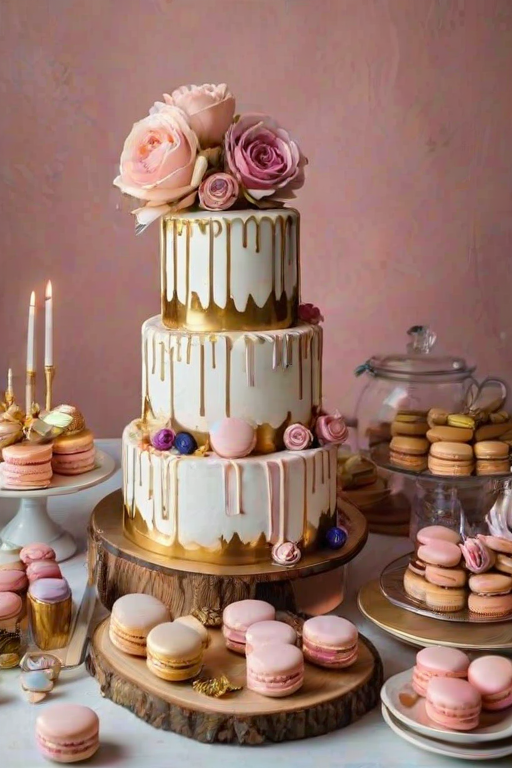 Create an image of a variety of beautifully decorated cakes arranged on a wooden table. Each cake should feature different colors and designs, with vibrant flowers, macarons, and decorative elements like gold accents and drips. The setting should be bright and modern, with a clean and inviting atmosphere.