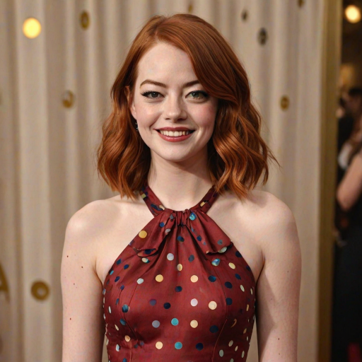 Charismatic "Emma Stone" flashing her signature smile, wearing a vintage-inspired polka dot dress, channeling her La La Land character's charm, with her vibrant red hair styled in loose waves, standing in front of a classic Hollywood backdrop