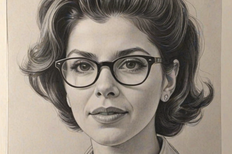 Charming Marisa Tomei, pencil sketch, portrait of Fascinating woman 1950s in glasses, hair style beatnik, outline, clear lines, fine lines, 8k