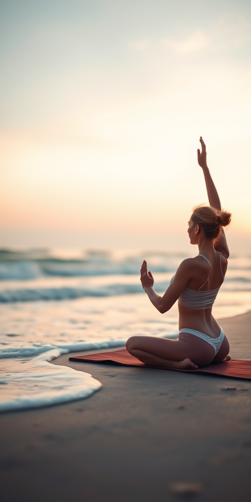 Soft-focus image of a serene yoga session on a beach at sunrise, with a lone practitioner in a meditative pose, soft waves lapping at the shore and pastel skies overhead.