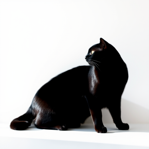 Create a high-resolution image of a minimalist cat silhouette in black against a white background, captured with a Canon EOS R5 at f/8, ISO 100, 50mm lens, using a flat lay perspective and natural light for optimal clarity.