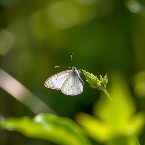 Capture a close-up of a white butterfly resting on a green plant with a shallow depth of field, using a Canon EOS 5D Mark IV, 100mm f/2.8 macro lens, aperture f/2.8, ISO 200, shutter speed 1/250s, natural lighting.