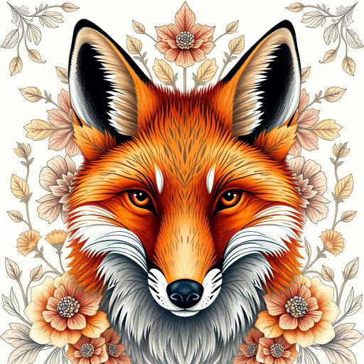 Create a detailed illustration of a fox's face with intricate floral patterns surrounding it, using a Canon EOS R5 camera with a 50mm f/1.2 lens, set at ISO 100, aperture f/2.8, and a shallow depth of field to enhance the focus on the fox while blurring the background.