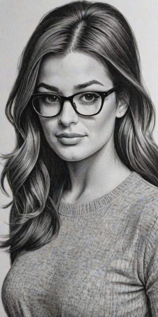 Pleasing Lea Michele, pencil sketch, portrait of Resplendent woman 1966s in glasses, hair style beatnik, outline, clear lines, fine lines, 8k