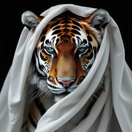 A hyper-realistic digital portrait of an tiger with fabric draped over its head. The fabric is sheer and lightweight, allowing the contours of the tiger’s face to show through, including its ears, eyes, and nose. The texture of the fabric is smooth and flowing, with delicate folds and creases that suggest softness and movement. The tiger’s expression is serene and contemplative. The image focuses on the interplay of light and shadow on the fabric and the tiger's face, creating a monochromatic palette of whites and grays. The background is a simple, nondescript dark shade to highlight the subject.