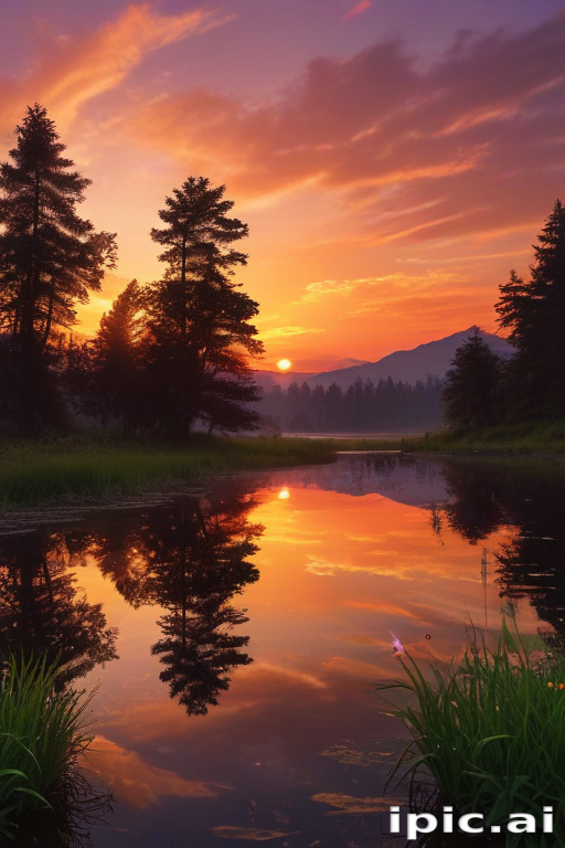 Serene Sunset Reflected on a Tranquil Lake Surrounded by Lush Trees