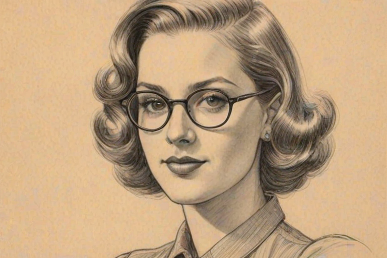 Magnificent Caitlin Gerard, pencil sketch, portrait of Resplendent woman 1936s in glasses, hair style beatnik, outline, clear lines, fine lines, 8k