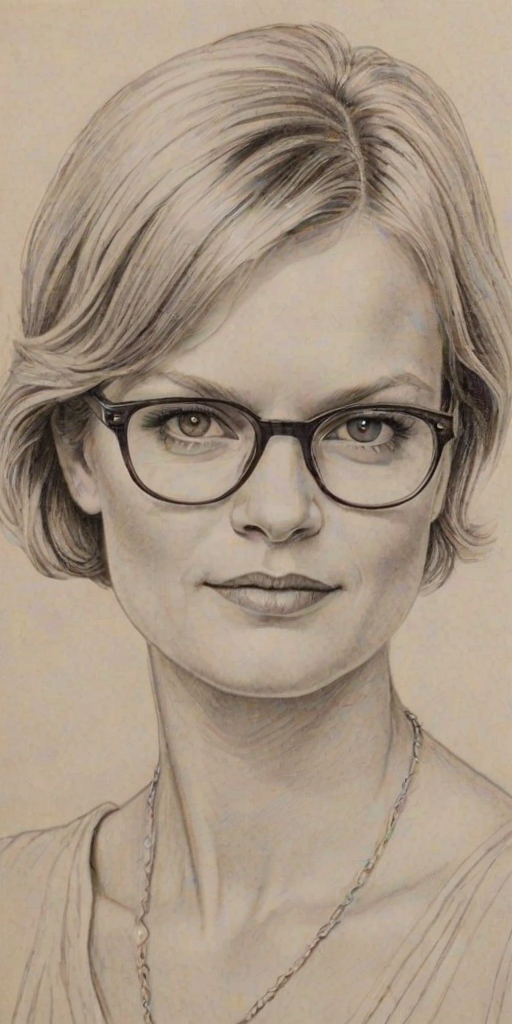 Fascinating Martha Plimpton, pencil sketch, portrait of Exquisite woman 1927s in glasses, hair style beatnik, outline, clear lines, fine lines, 8k