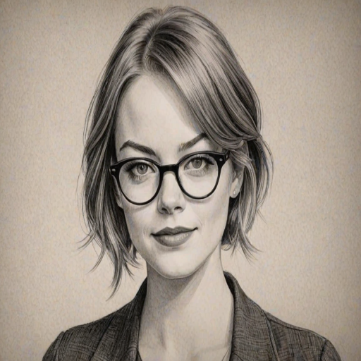 Superb Emma Stone, pencil sketch, portrait of Superb woman 1928s in glasses, hair style beatnik, outline, clear lines, fine lines, 8k