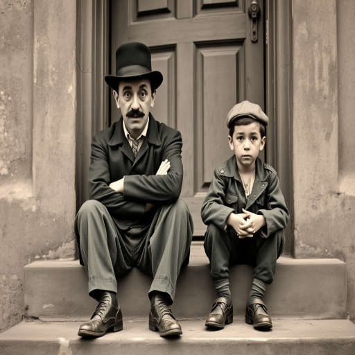 A black-and-white photograph of a man and a child sitting on steps in front of a doorway. The man is dressed as a tramp with a bowler hat, mustache, and ragged clothes, reminiscent of Charlie Chaplin's iconic look. He is sitting with his arms crossed and an expression of slight sadness or frustration. Next to him is a young boy, also in worn clothes and a cap, sitting with his hands clasped, looking thoughtful. The background is an old, textured wall and a partially open door, creating a vintage, early 20th-century atmosphere.