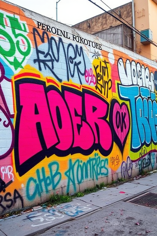 Capture a vibrant, urban scene featuring a wall covered in colorful graffiti, using a DSLR camera with a 24mm lens, aperture set to f/8, ISO 200, at eye level for a clear perspective, in natural daylight to enhance the colors.