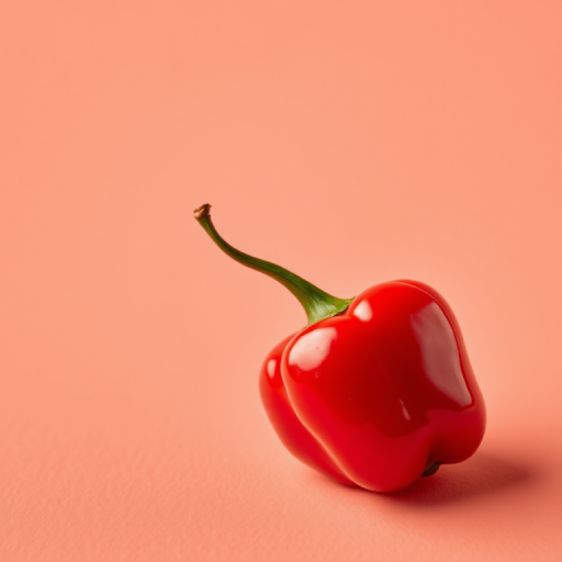 Create a high-resolution image of a glossy red chili pepper on a plain background using a DSLR camera at f/2.8 aperture, 50mm lens, ISO 100, with soft diffused lighting to enhance texture and color vibrancy.