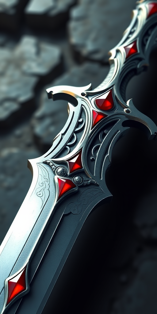 Create a highly detailed digital illustration of a fantasy sword with a shiny silver blade and red gem accents, using a 50mm lens, f/2.8 aperture, ISO 100, overhead view, rendered in high resolution with a focus on intricate details and reflections.