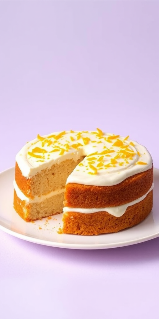 A delicious cake with a creamy frosting on top sprinkled with orange zest served on a white plate with a light purple background, slices cut to reveal the soft texture inside.