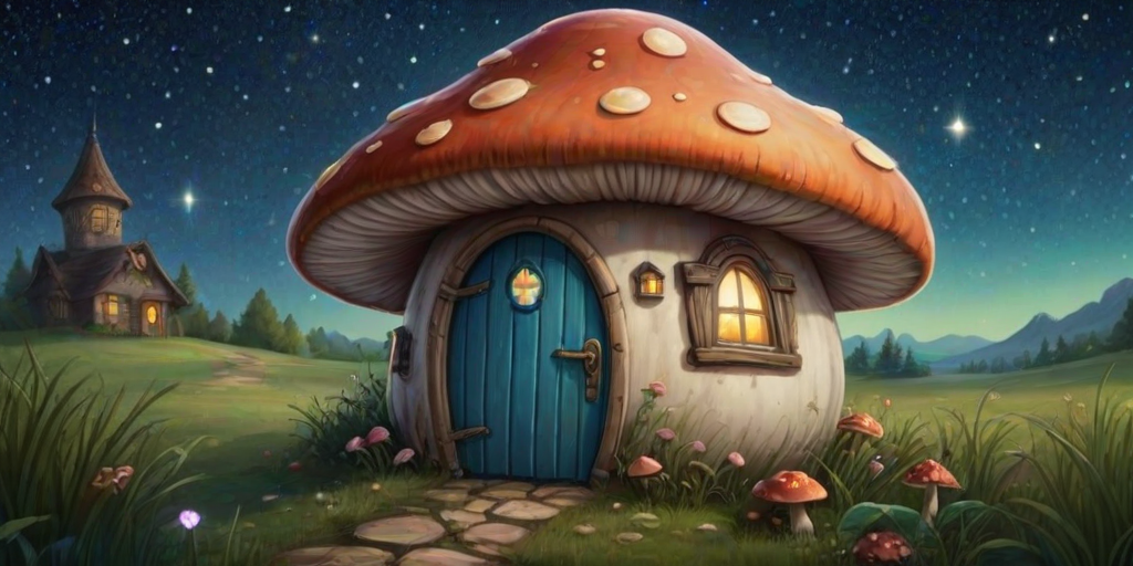 create illustration of a mushroom house with a door and a window, a storybook , fantasy art, mushroom house, bg starry sky, sparkles