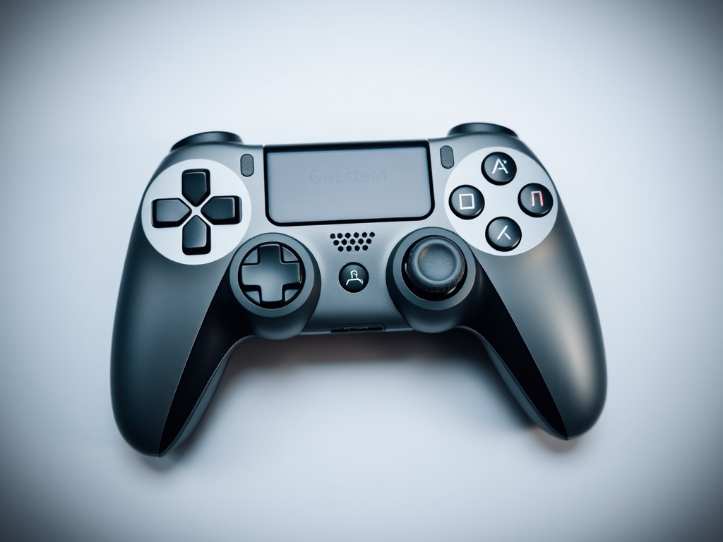 Create a high-resolution image of a gaming controller with a sleek design, using a DSLR camera, f/2.8 aperture, 50mm lens, ISO 100, with a slight top-down view and soft lighting to enhance details and textures.