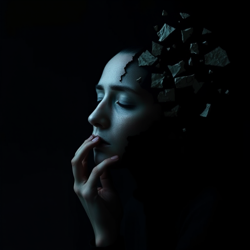 Create a dark surrealistic image of a contemplative figure with one half disintegrating into fragments, featuring a blend of realism and abstraction, shot in low light with a Canon EOS R5, 85mm lens, f/1.4 aperture, ISO 200, ensuring high contrast and deep shadows.