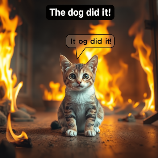 Photorealistic image of an innocent-looking cat sitting calmly in the middle of a burning room. Flames engulf the room, with fire licking up the walls and smoke filling the air. The cat is sitting on the floor, looking directly at the viewer with wide, innocent eyes. Above the cat, a speech bubble says "The dog did it!" The contrast between the cat's calm demeanor and the chaos around it creates a humorous and surreal scene.