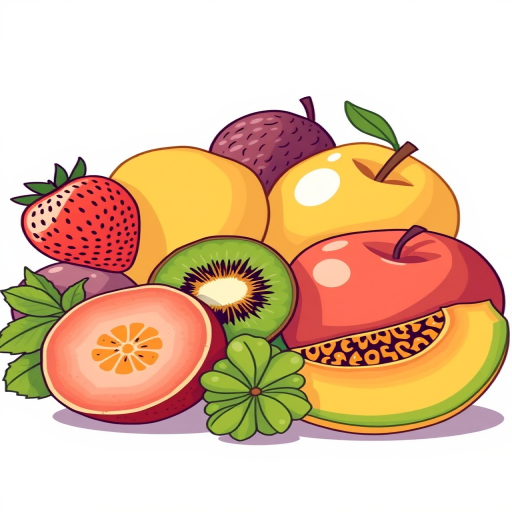 Create a vibrant vector illustration of assorted fruits including a strawberry, kiwi, lemon, apple, and cantaloupe on a neutral background, using a Canon EOS R5 with a 50mm f/1.8 lens at ISO 100, aperture f/2.8, and a shallow depth of field for a crisp focus on the fruits.