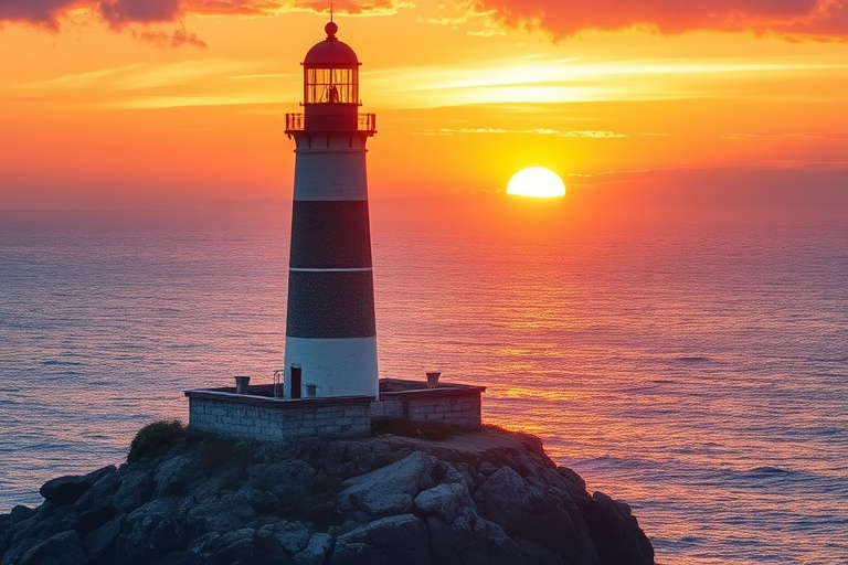 Generate an image of a tall lighthouse perched on a rocky outcrop surrounded by calm ocean waters during a breathtaking sunset. The lighthouse stands sturdy and weathered, its stone surface illuminated by the warm golden light of the setting sun. The sun's rays pass directly through the glass lantern room at the top of the lighthouse, casting a brilliant light across the scene. The sky is painted with vibrant shades of orange, pink, and purple, reflecting off the tranquil sea. The surrounding water shimmers with the same warm hues, creating a serene and majestic atmosphere.