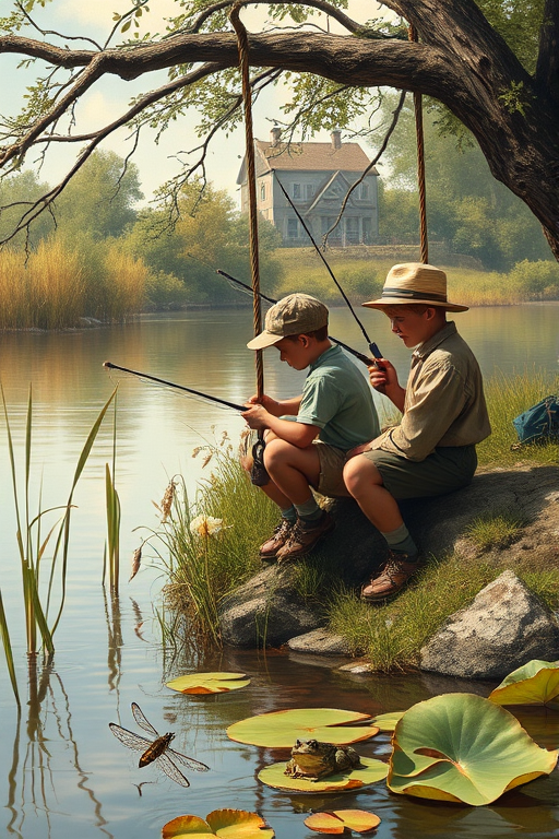 Imagine a small group of old fashioned young boys out fishing by the creek, a swing hanging from a tree branch, reeds and grasses by the water's edge, a frog sitting on a lily pad, dragonflies hovering over som water plans, a very iconic old fashioned scene reminiscent of a Norman Rockwell painting style