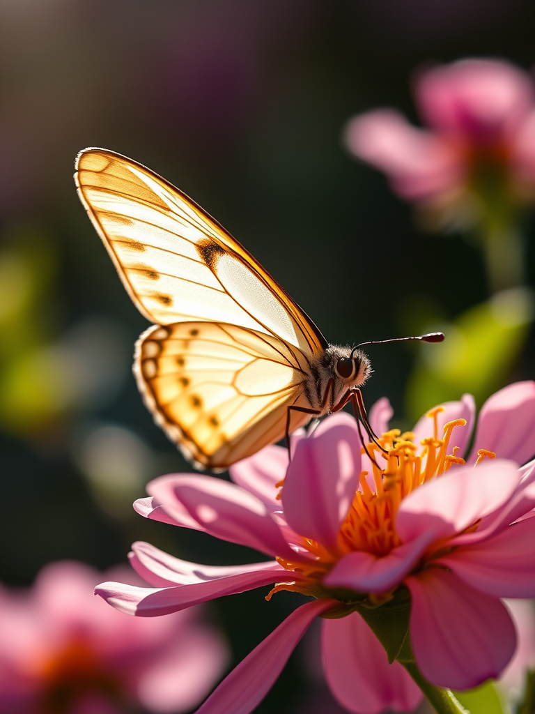 Sharp, detailed close-up of a butterfly resting on a blooming flower, soft sunlight reflecting off its wings, tiny details of the flower's petals visible, and the feeling of serenity and the natural beauty of spring.