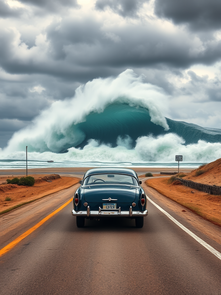 A vintage car driving on a deserted road with a massive tsunami wave approaching from the ocean under a dramatic sky, captured with a DSLR camera at f/11, ISO 100, 1/160 sec, using wide-angle lens at 24mm, in HDR style for enhanced detail and contrast.