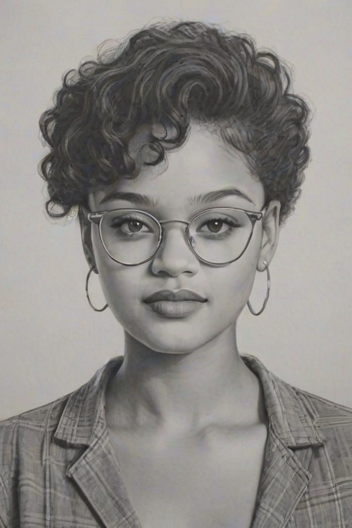 Lovely Kiersey Clemons, pencil sketch, portrait of Fascinating woman 1955s in glasses, hair style beatnik, outline, clear lines, fine lines, 8k