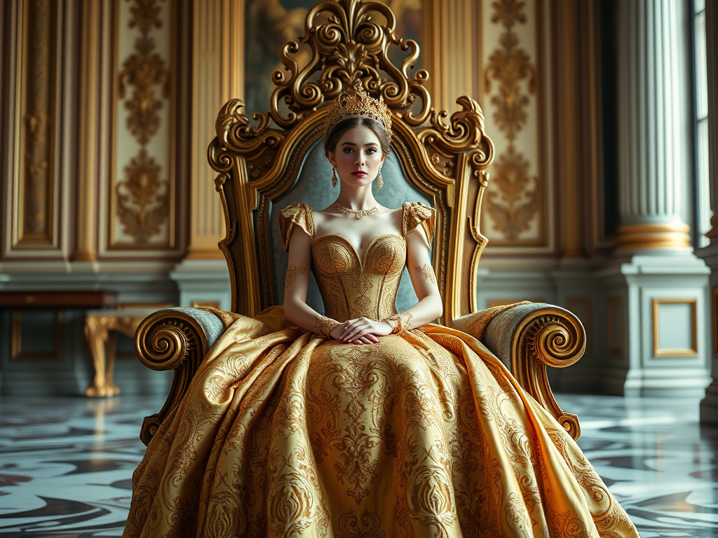 A regal woman in an ornate golden gown seated on an intricately carved throne in a grand, softly-lit room, shot with a full-frame DSLR at f/1.8, ISO 100, 50mm lens, natural light, with a shallow depth of field to emphasize details and create a dreamy atmosphere.