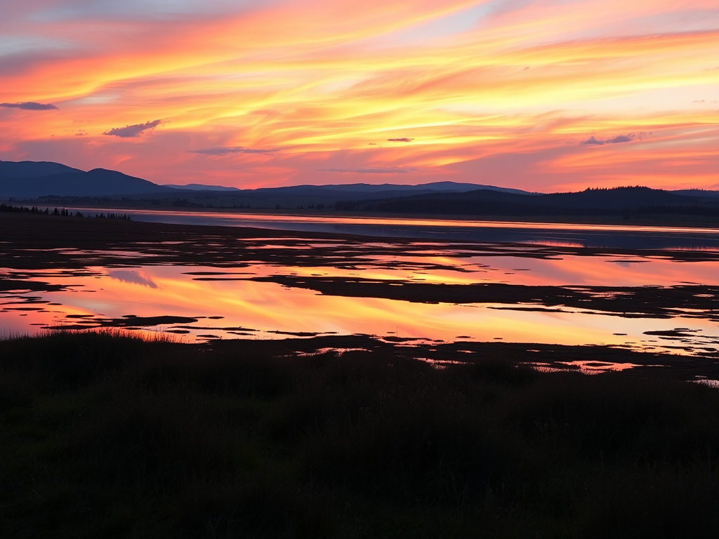 Create a high-resolution image of a serene landscape at sunrise, with vibrant colors in the sky and a calm lake reflecting the scenery, using a DSLR camera with a 24mm lens, at f/8 aperture, ISO 100, and a shutter speed of 1/125 second, shot from a slightly elevated viewpoint to capture depth and perspective.