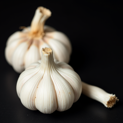 Close-up shot of two garlic bulbs on a black background, f/2.8, ISO 100, 50mm lens, natural light, shallow depth of field, DSLR camera.
