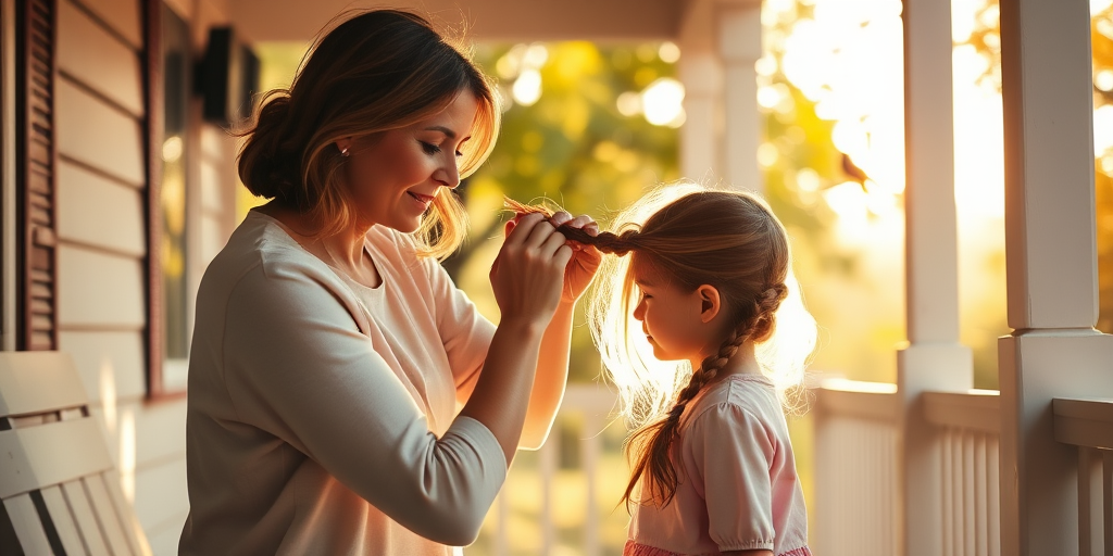Warm, intimate image of a mother braiding her daughter's hair on a sunlit porch, soft sunlight filtering through the leaves of nearby trees, birds chirping in the distance, and a sense of tenderness and connection.