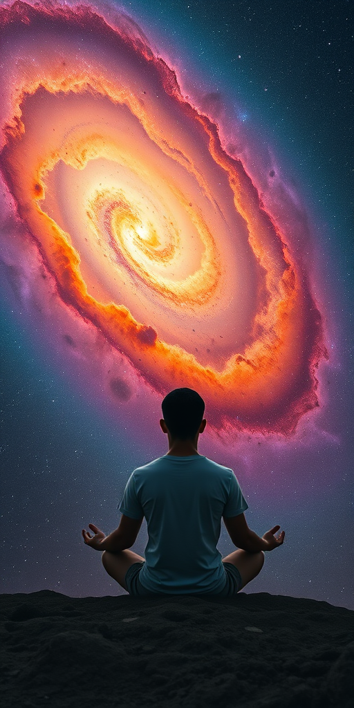Create an image of a person meditating in front of a vibrant galaxy with swirling colors of orange, blue, and purple, captured with a Canon EOS R5, 24mm lens, f/2.8 aperture, ISO 100, and a long exposure for enhanced clarity and depth, presenting a cosmic atmosphere with stars and nebulae.