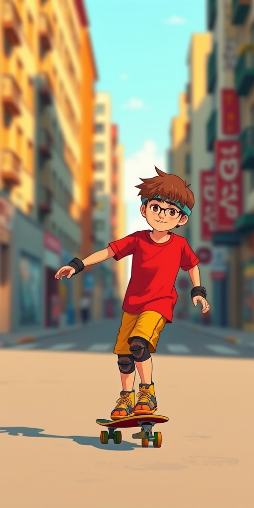 Create an illustration of a young boy skateboarding, wearing a red t-shirt, yellow shorts, and protective gear, captured with a Canon EOS R5, 24mm lens, f/2.8 aperture, 1/250s exposure, in a vibrant urban setting, focused on the skateboarder with a shallow depth of field.
