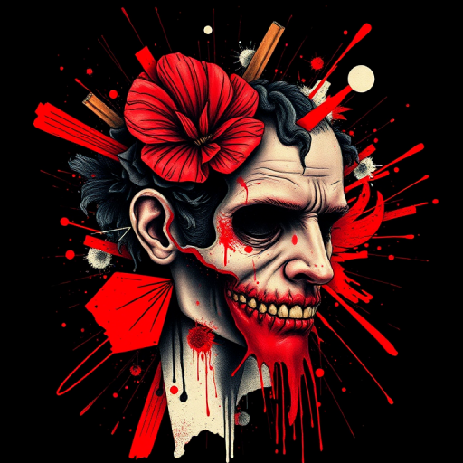 Trash polka tattoo combining realistic and abstract elements, featuring bold red accents and chaotic brushstrokes on a black background, named "Organized Chaos"