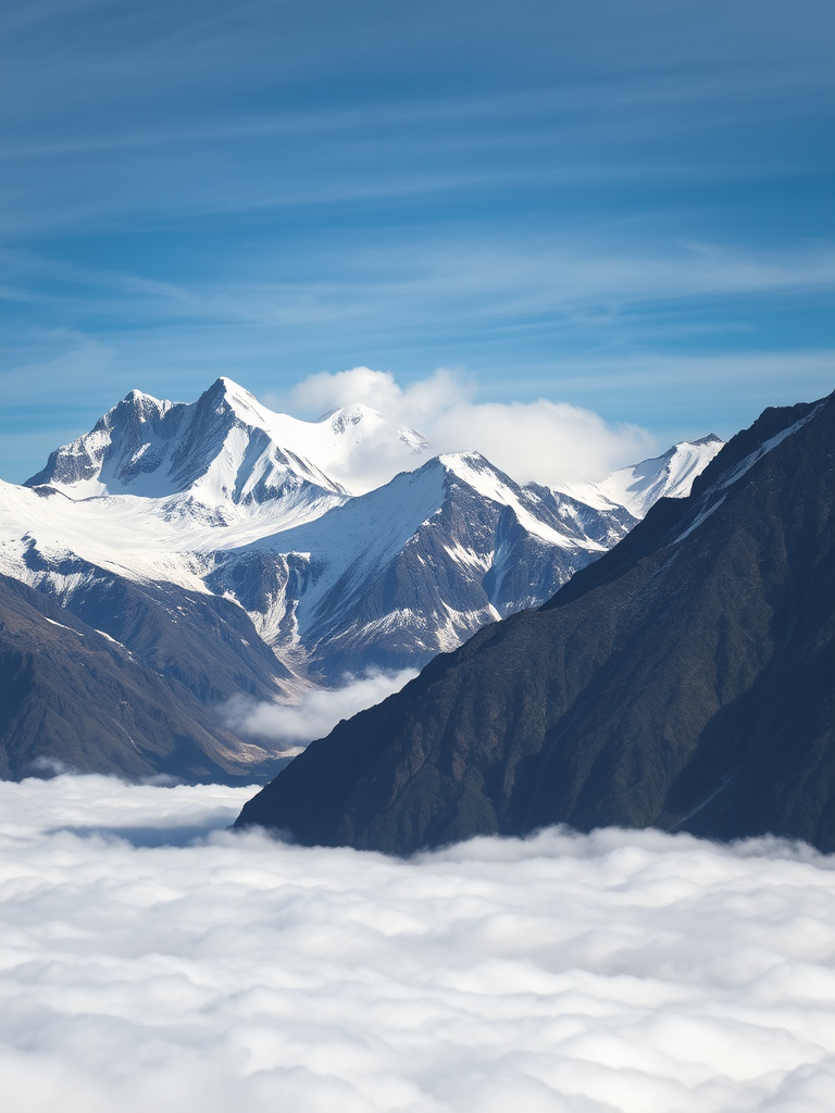 Capture a breathtaking mountain landscape with snow-covered peaks and a sea of clouds below, using a Canon EOS 5D Mark IV, 24mm lens, f/8 aperture, ISO 100, 1/200 sec exposure, in natural daylight to enhance the colors and details.