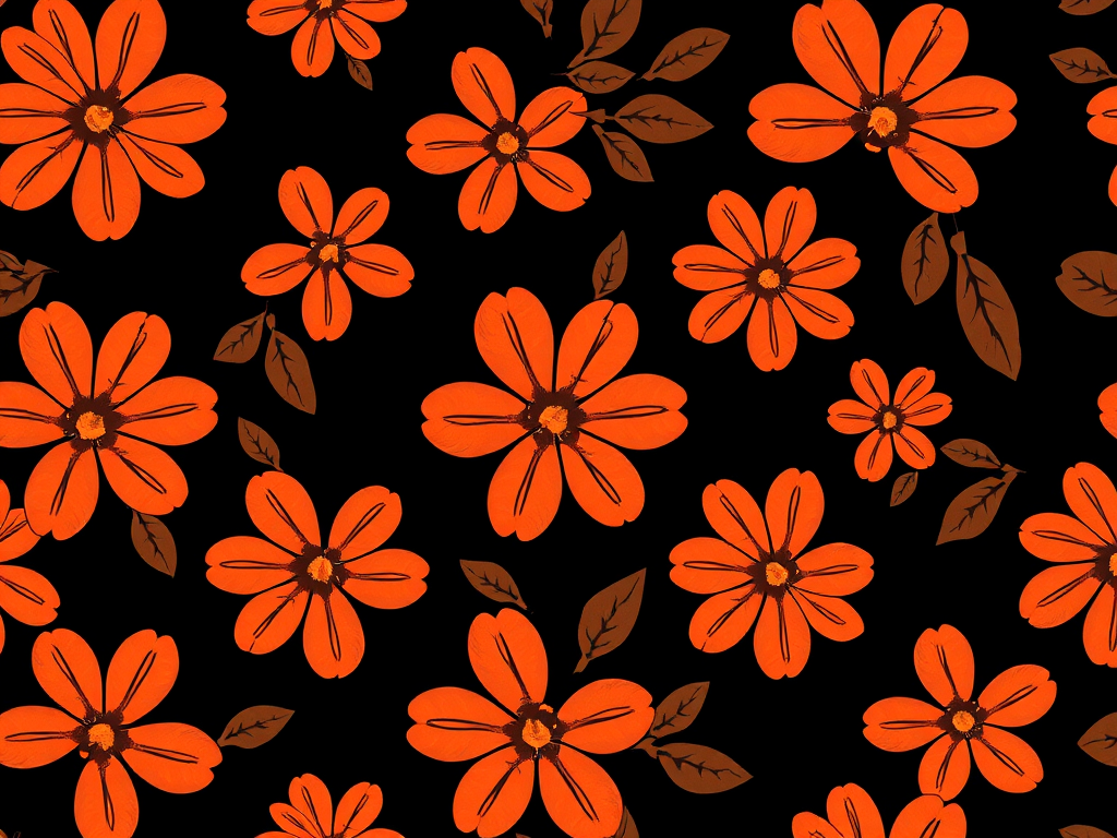 Create a seamless pattern of stylized flowers with orange petals and brown leaves on a black background, using a DSLR camera, aperture f/8, shutter speed 1/125 sec, ISO 200, top-down view, and a vibrant color palette for enhanced clarity and richness.